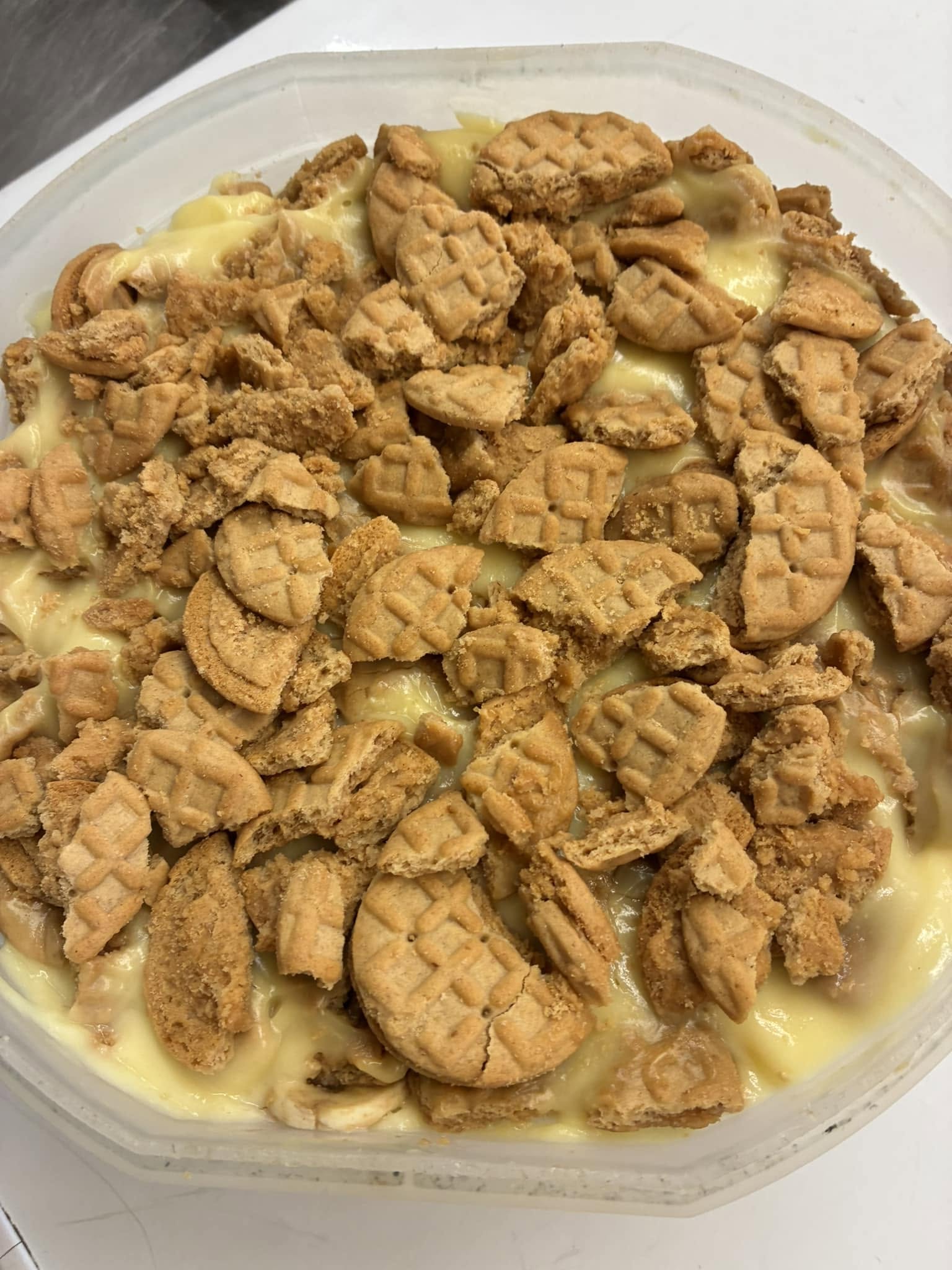 Homemade banana pudding topped with cookies
